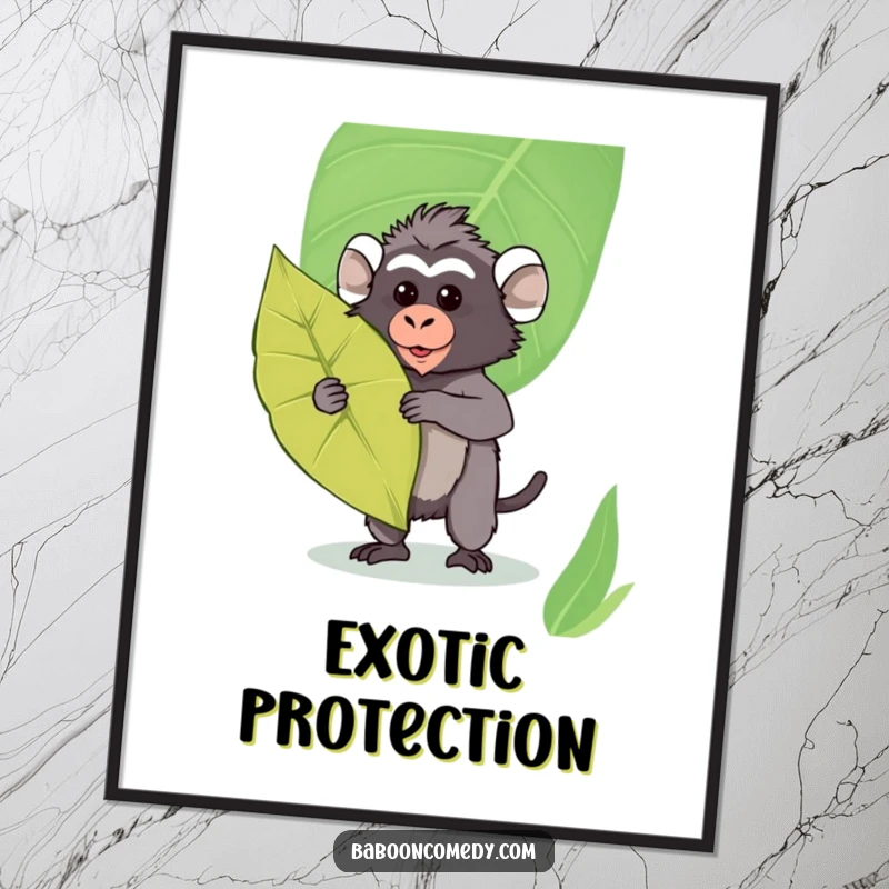 Funny Kawaii Baboon Digital Art: High-resolution artwork of a baboon holding a leaf shield, capturing playful defense and cuteness.