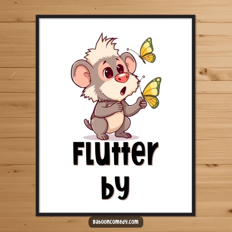 Funny digital art print of a baboon looking comically surprised by a fluttering butterfly, creating a whimsical scene.