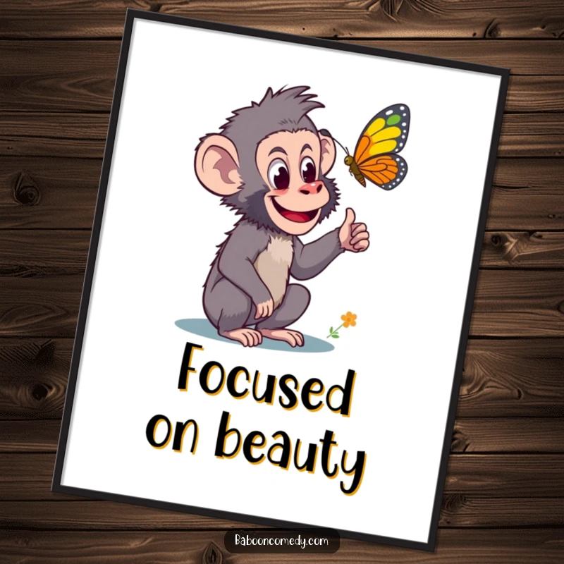 Funny digital art print of a curious baboon pointing with excitement at a colorful butterfly, embodying the joy of discovery and natural fascination.