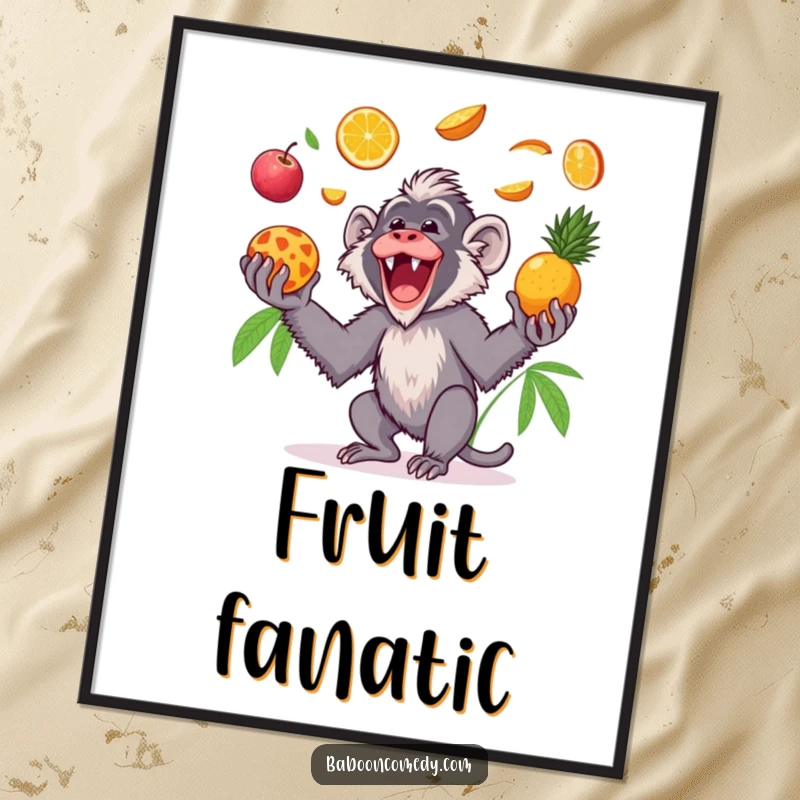 Funny Kawaii baboon digital art print, capturing a primate gleefully tossing colorful tropical fruits in the air and catching them with pure delight.