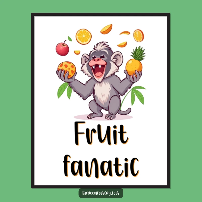 Funny Kawaii Baboon Fruit Digital Art: Tropical Joy for Your Walls