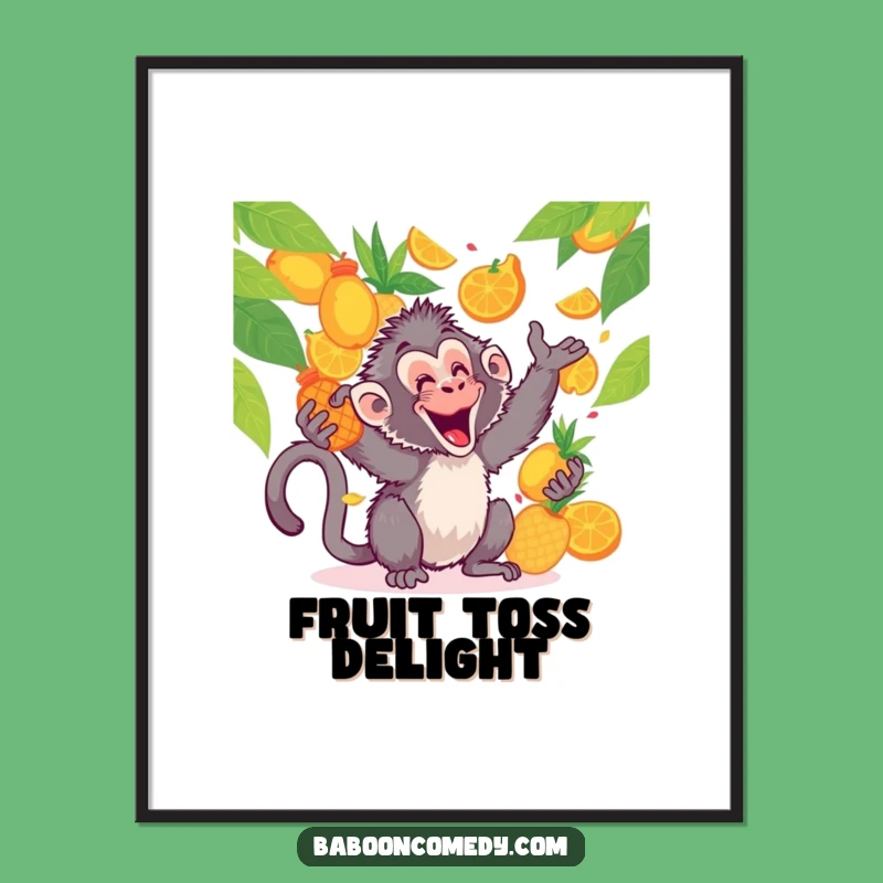 Funny Kawaii Baboon Fruit Toss Print: Gleeful Art, Hilarious Digital Decor