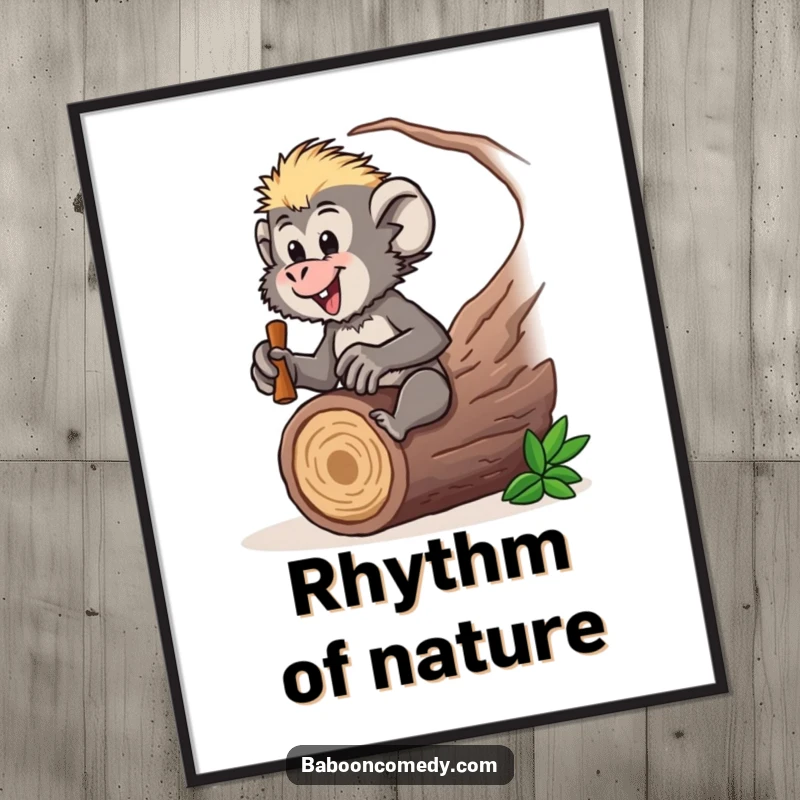 Funny baboon digital art print of an excited character drumming, perfect for music-themed decor, a vibrant digital funny gift.