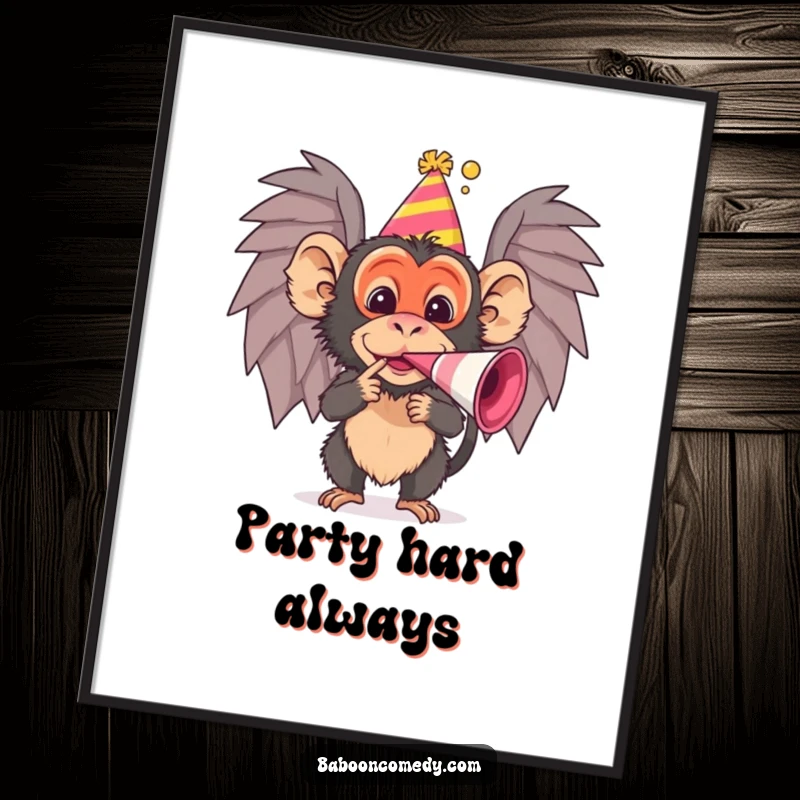 Funny baboon digital art print of a character celebrating with a noisemaker, perfect for instant humorous decor, a fun digital funny gift.