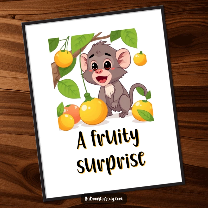 Funny baboon digital art print of a character surprised by falling fruit, perfect for comical decor, a hilarious digital funny gift.