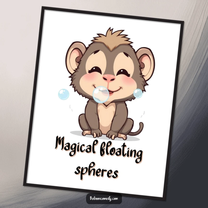 Funny baboon digital art print of a character blowing bubbles, perfect for whimsical decor, a delightful digital funny gift.