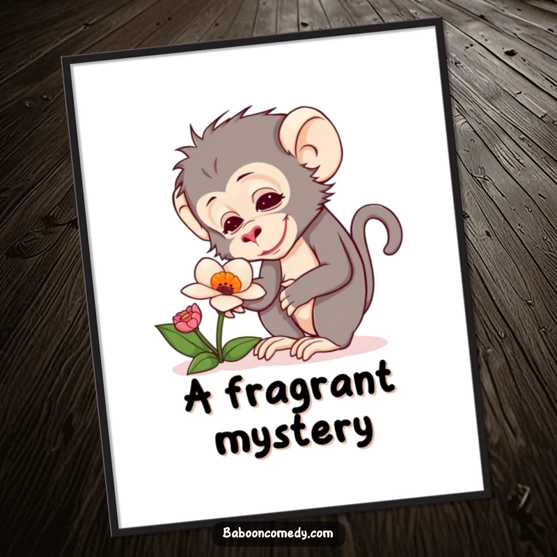 Funny digital art print of a baboon with a look of pure delight curiously examining a beautiful, strange flower.