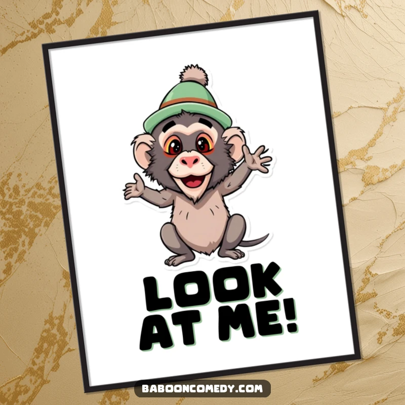 Funny baboon digital art print, a primate wearing a silly hat and striking a funny pose, perfect for adding comedic charm to any room.