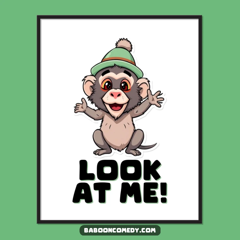 Funny Baboon Silly Hat Digital Art: Hilarious Primate Pose Instant Print