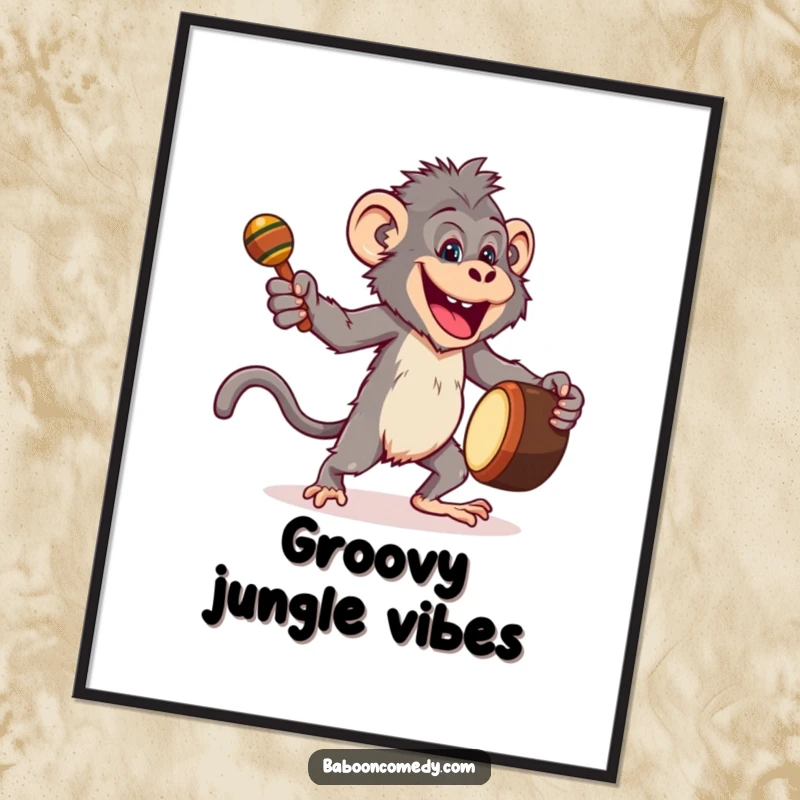 Funny digital art print of a joyful baboon dancing energetically with a drum and maracas, ideal for creating a festive atmosphere.