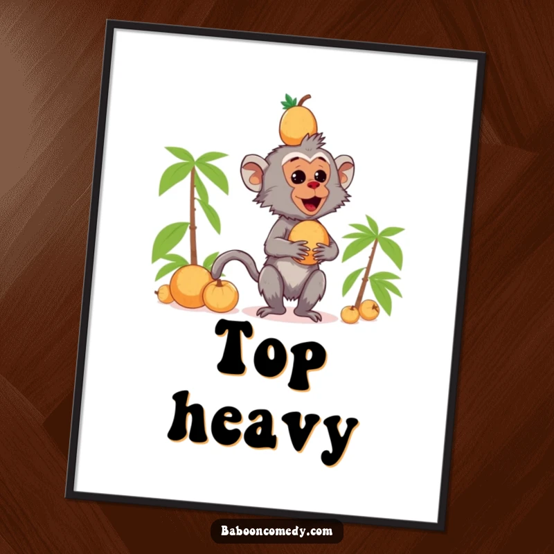 Funny digital art print of a kawaii baboon attempting to balance a stack of coconuts on its head, wobbling precariously.