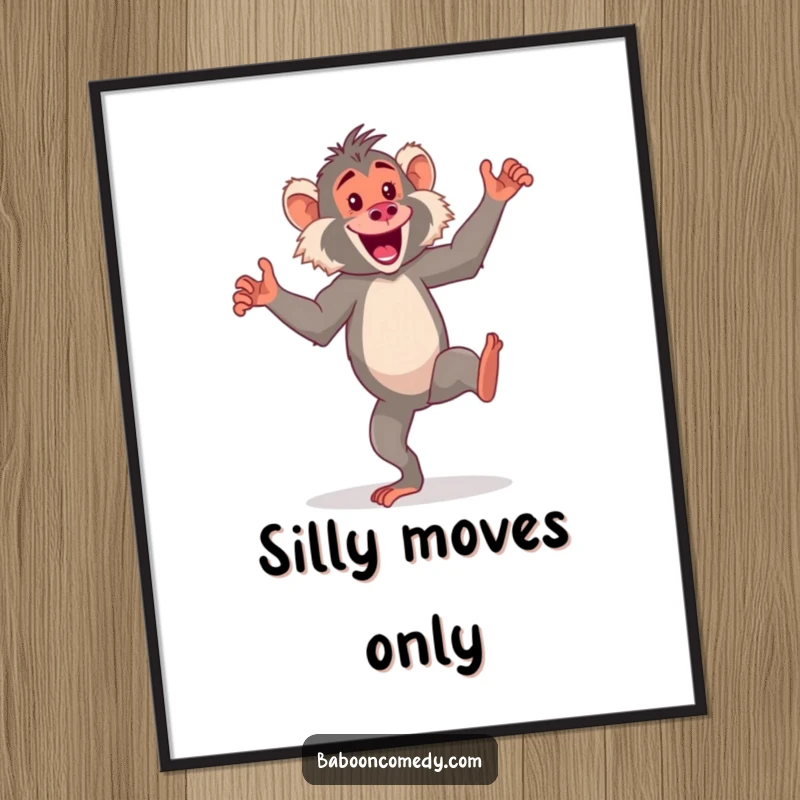 Funny kawaii baboon digital art print, an energetic primate doing a silly dance on its hind legs, bringing infectious humor.