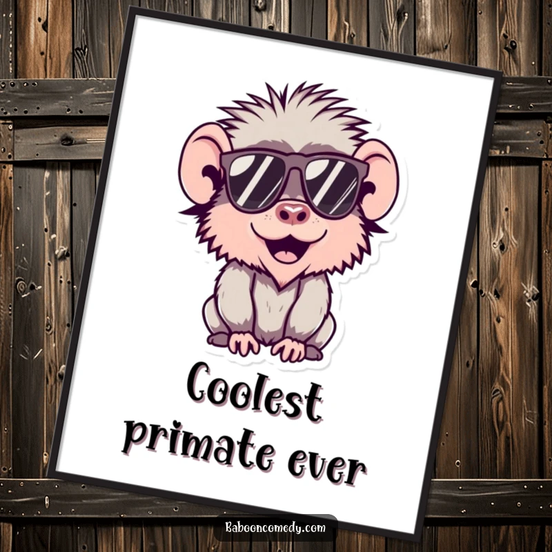 Funny Kawaii Baboon Digital Art Print of a cool baboon wearing sunglasses, perfect for stylish, humorous wall decor.
