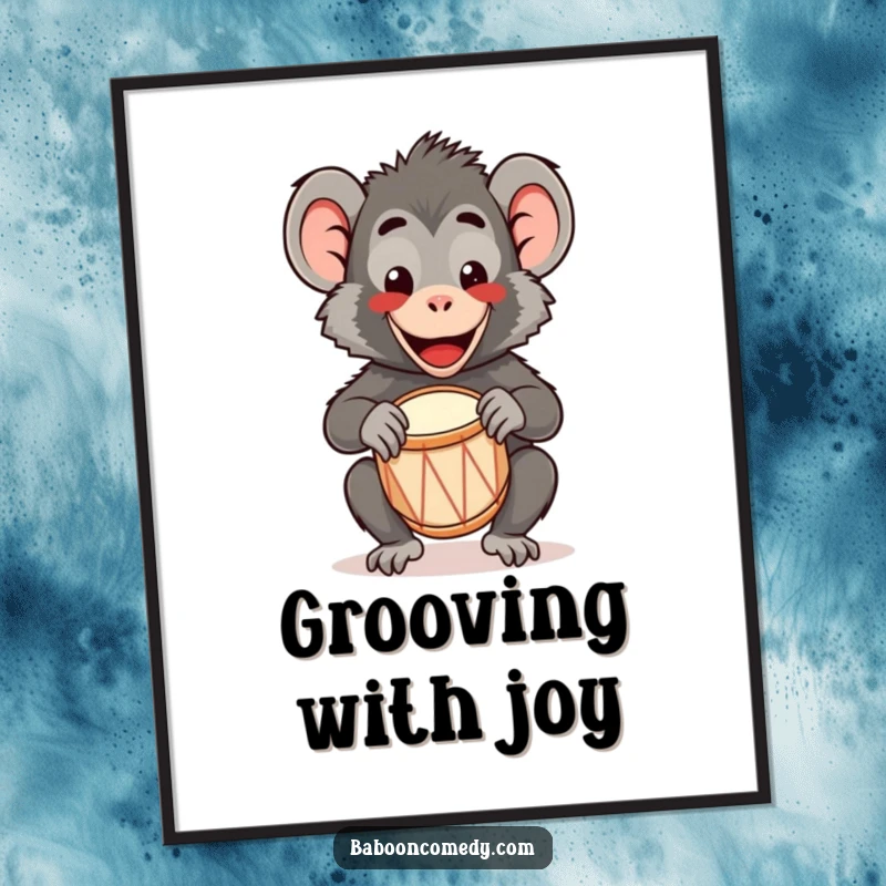 Funny Kawaii Baboon Digital Art: A happy kawaii baboon plays a tiny drum with a wide smile, perfect for instant cute decor.
