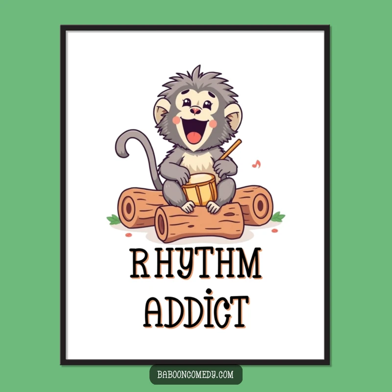 Funny Kawaii Baboon Drumming Digital Art: Rhythmic Energy for Your Walls