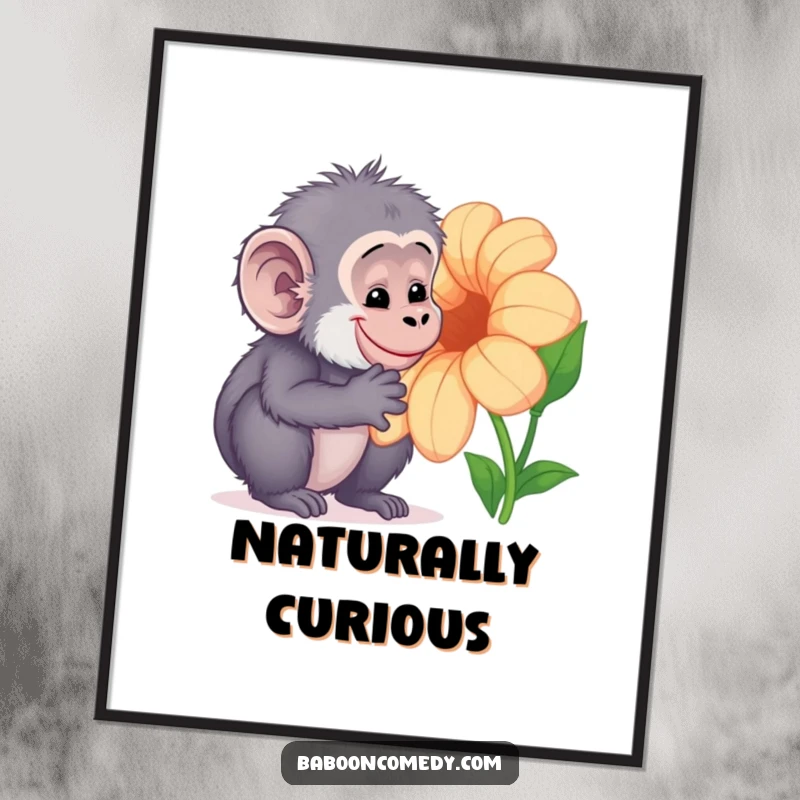 Funny Kawaii baboon digital art print, capturing a primate curiously examining a large, colorful flower with a gentle smile, serene and humorous.