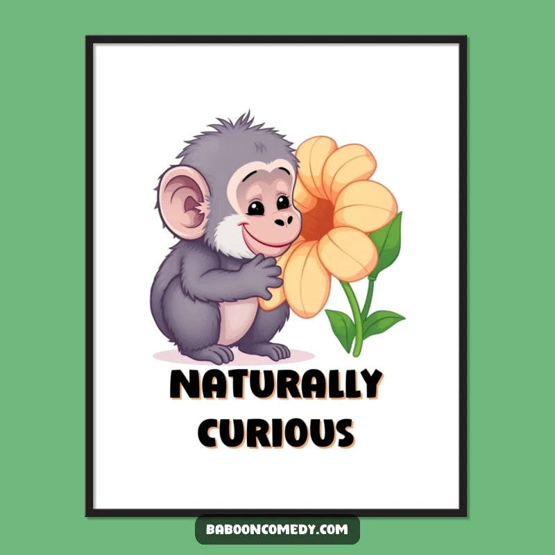 Funny Kawaii Baboon Flower Digital Art: Gentle Primate Beauty for Walls