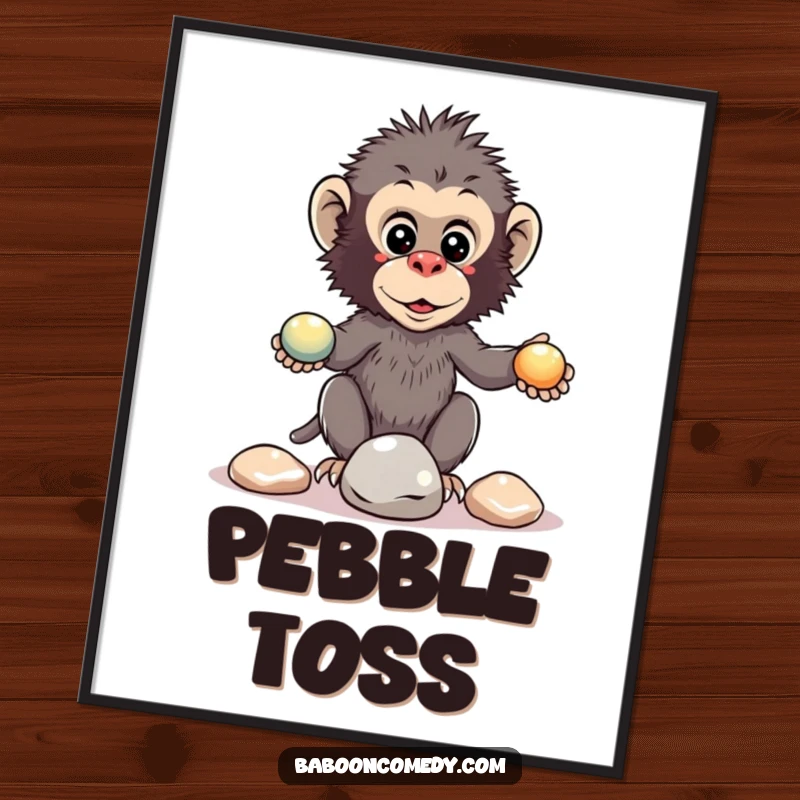 Funny digital art print of a kawaii baboon attempting to juggle three shiny pebbles with intense concentration.