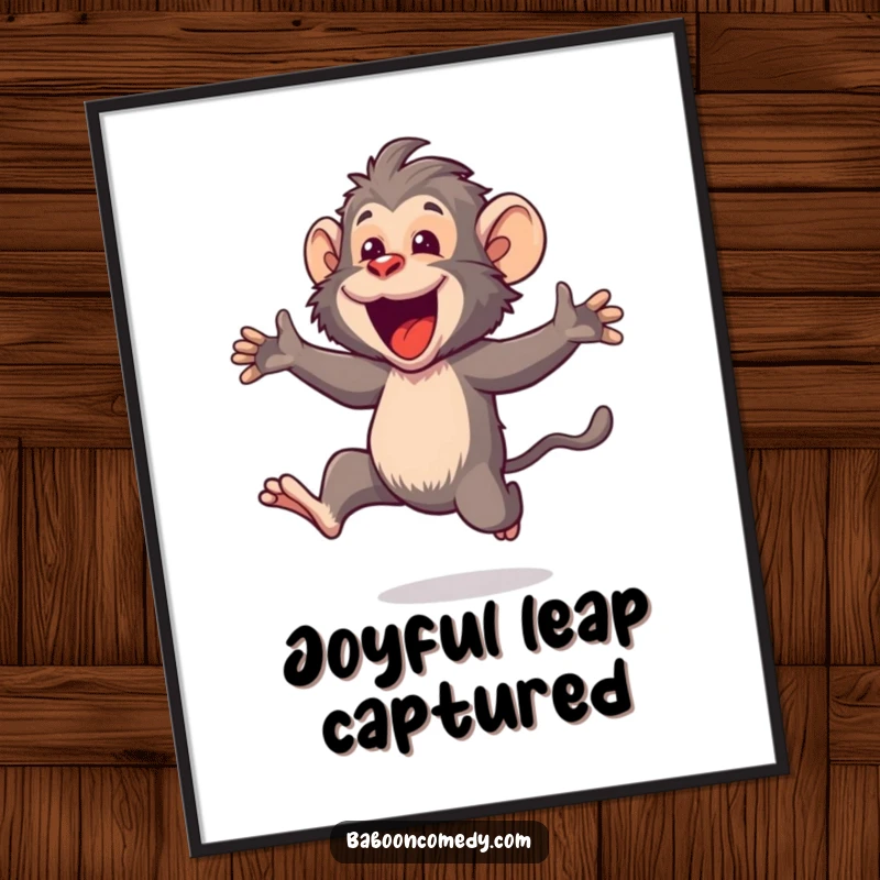Funny Kawaii baboon digital art print, showing a happy primate leaping joyfully with an open mouth, radiating pure happiness.