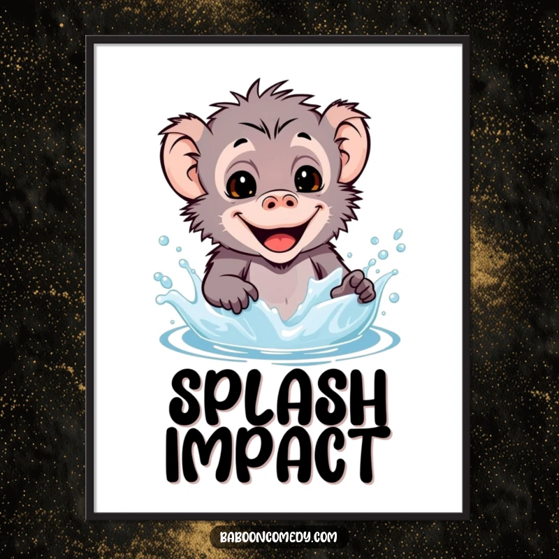 Funny digital art print of a kawaii baboon with a wide smile, playfully splashing water.