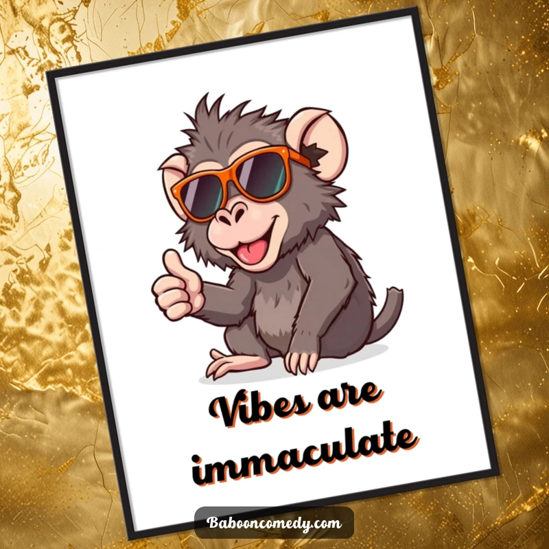 Funny digital art print of a cool baboon wearing sunglasses and giving a thumbs up, adding easy humor to any space.