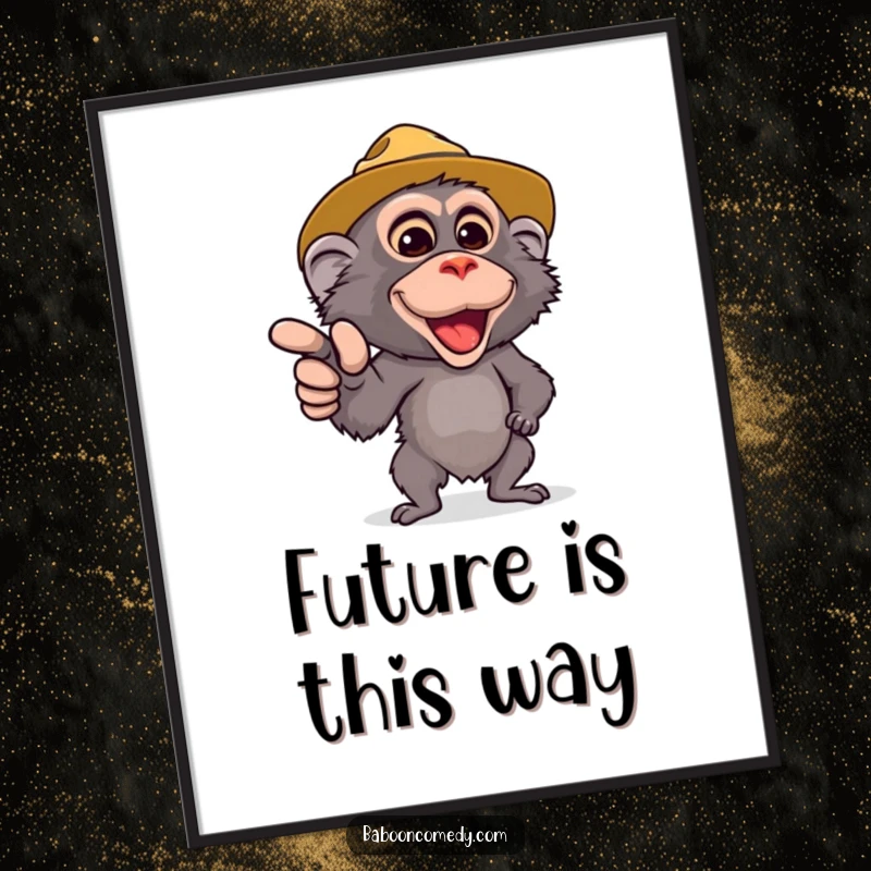 Funny Safari Baboon Digital Print: A cute baboon in a safari hat points forward. Instant download art full of jungle excitement.