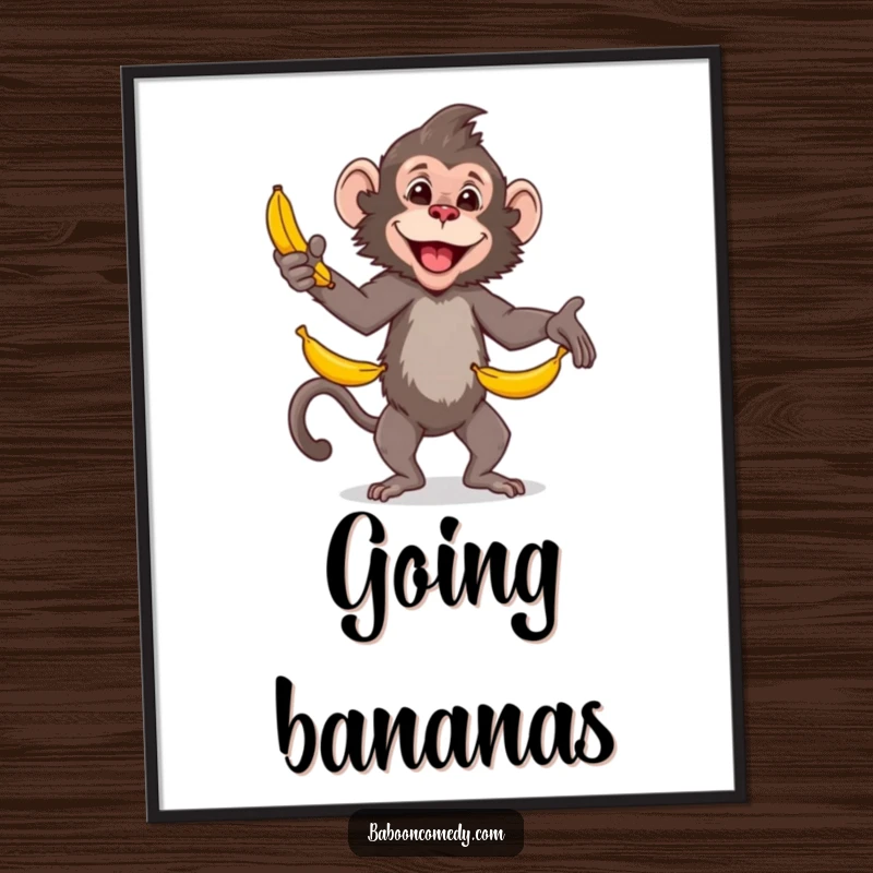 Funny baboon digital art print, a skilled primate happily juggling bananas with impressive dexterity, perfect for primate art lovers.