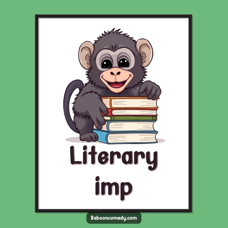 Funny Mischievous Baboon Book Digital Art - Giggling Reader Print, Instant Funny Gift