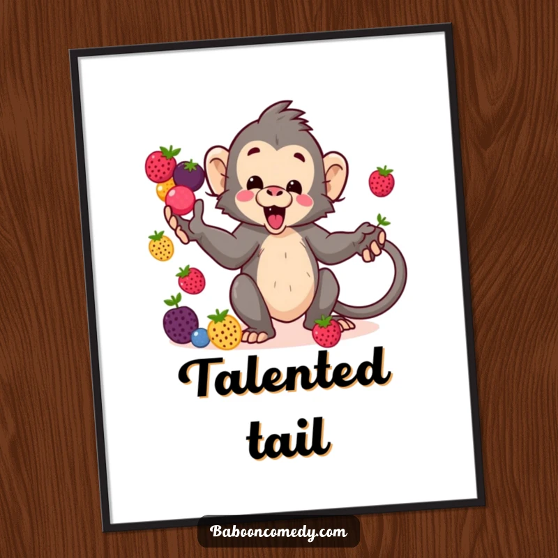 Funny kawaii baboon digital art print, a cheerful primate juggling a vibrant assortment of berries with its tail, adding humor.