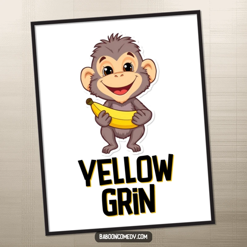 Funny baboon character with a mischievous grin holding a banana, as a high-quality digital art print. Ideal for instant wall decor.