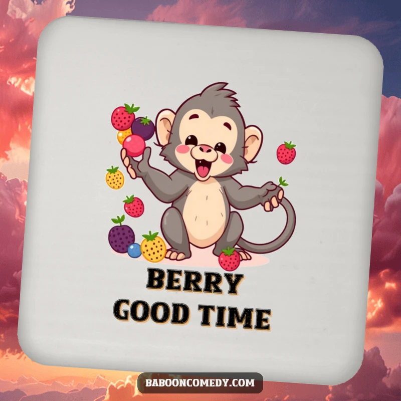 Funny kawaii baboon drink coaster, a cute primate juggling colorful berries with its tail, safeguarding surfaces with charm.