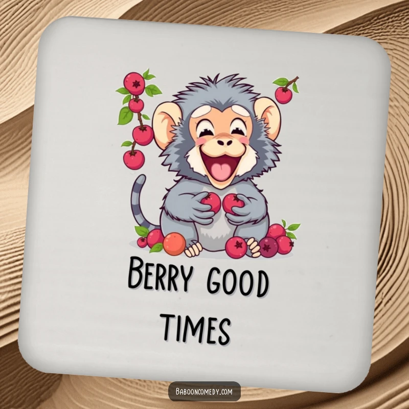 Funny coaster with a baboon enthusiastically offering berries to its friend, adding a touch of shared joy to surfaces.