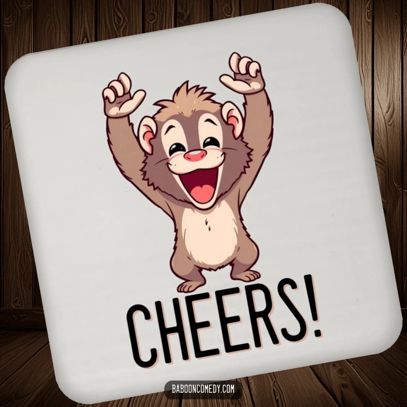 Funny cheering baboon coasters showing a happy ape with arms raised high in a cheer, protecting surfaces with fun.