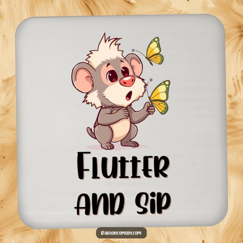 Funny coaster depicting a baboon’s comically surprised face as a butterfly flutters nearby, adding charm to surfaces.