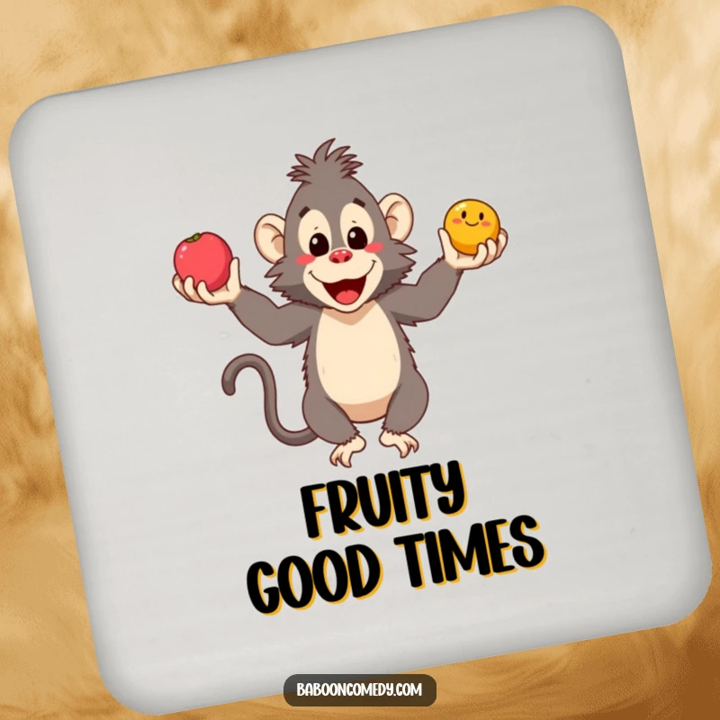 Funny baboon coasters showcasing a smiling primate juggling three round fruits, protecting surfaces with style and humor.