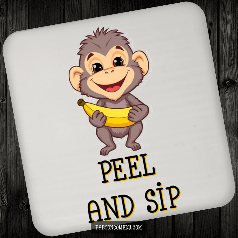 Funny baboon character with a mischievous grin holding a banana on a protective drink coaster. Adds humor to coffee tables and bars.
