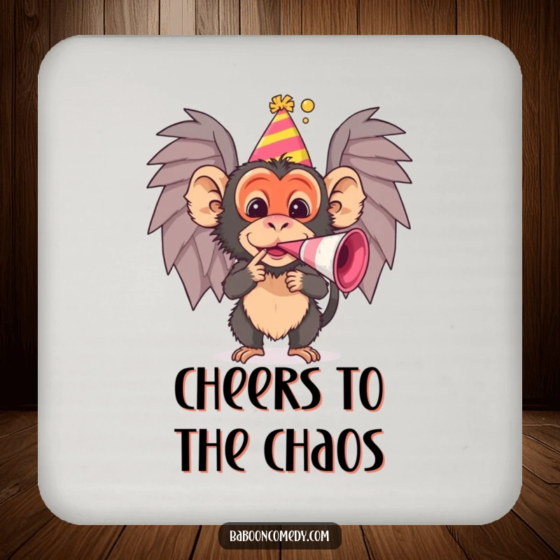 Funny baboon drink coasters showing a character in party attire, protecting surfaces with humor, a unique funny gift.