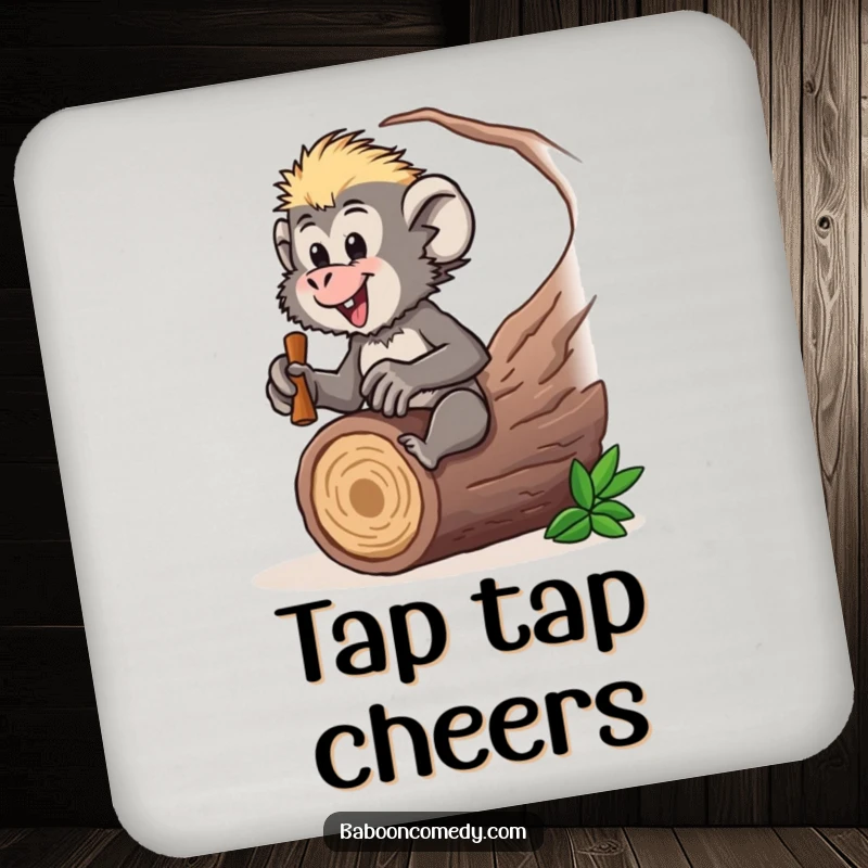 Funny baboon drink coasters showcasing a drumming character, adding a musical vibe to any table, a cool funny gift.