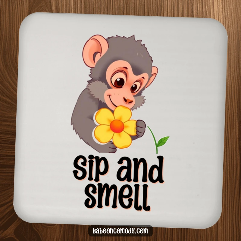 Funny baboon character curiously inspecting a colorful flower on a protective drink coaster. Adds a charming touch to any surface.