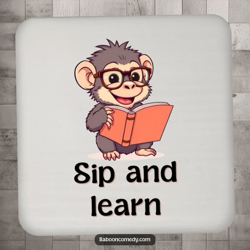 Funny drink coaster featuring a giggling baboon in oversized glasses reading a large book, adding intellectual humor to any table.