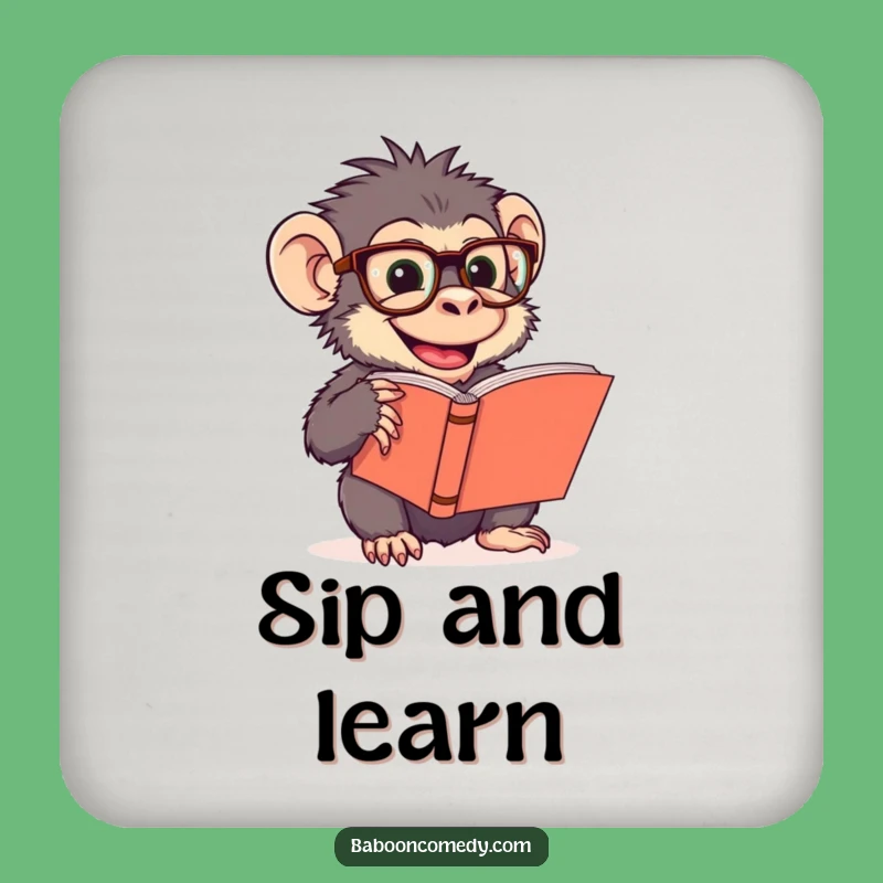 Funny Baboon Reading Glasses Drink Coaster - Primate Bookworm Table Protector