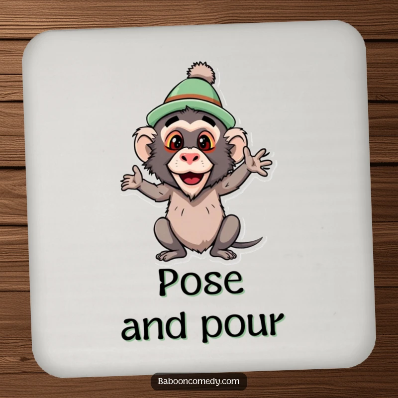 Funny baboon drink coaster, a primate wearing a funny hat and striking a comical pose, adding a touch of primate-inspired humor to your surfaces.