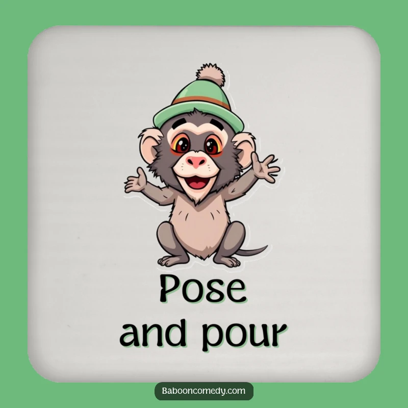 Funny Baboon Silly Hat Drink Coaster: Hilarious Primate Pose Decor