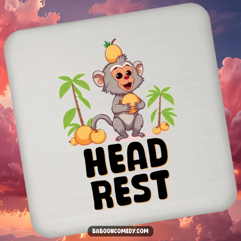 Funny kawaii baboon drink coasters showing a primate balancing coconuts on its head, protecting furniture from spills.