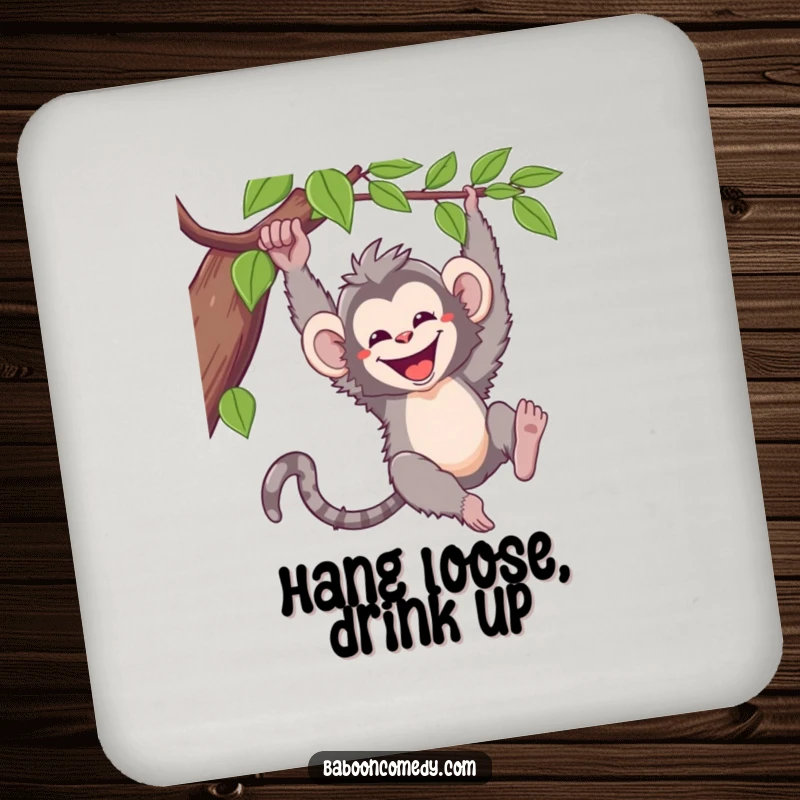 Funny kawaii baboon drink coaster, a cheerful primate swinging from a vine, protecting your furniture with primate-inspired charm.