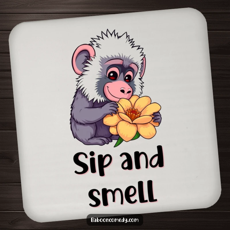 Funny kawaii baboon drink coaster, protecting surfaces with a gentle smile near a colorful flower, functional and funny.