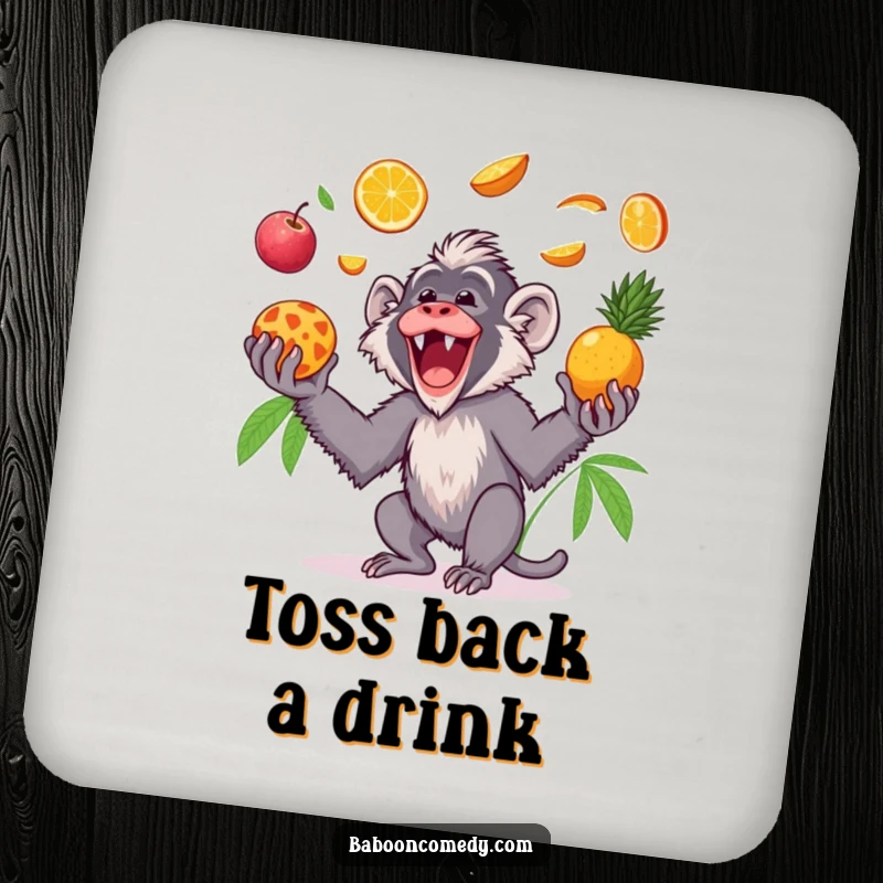 Funny Kawaii baboon drink coaster, depicting a gleeful primate tossing tropical fruits in the air, adding tropical humor and protection.