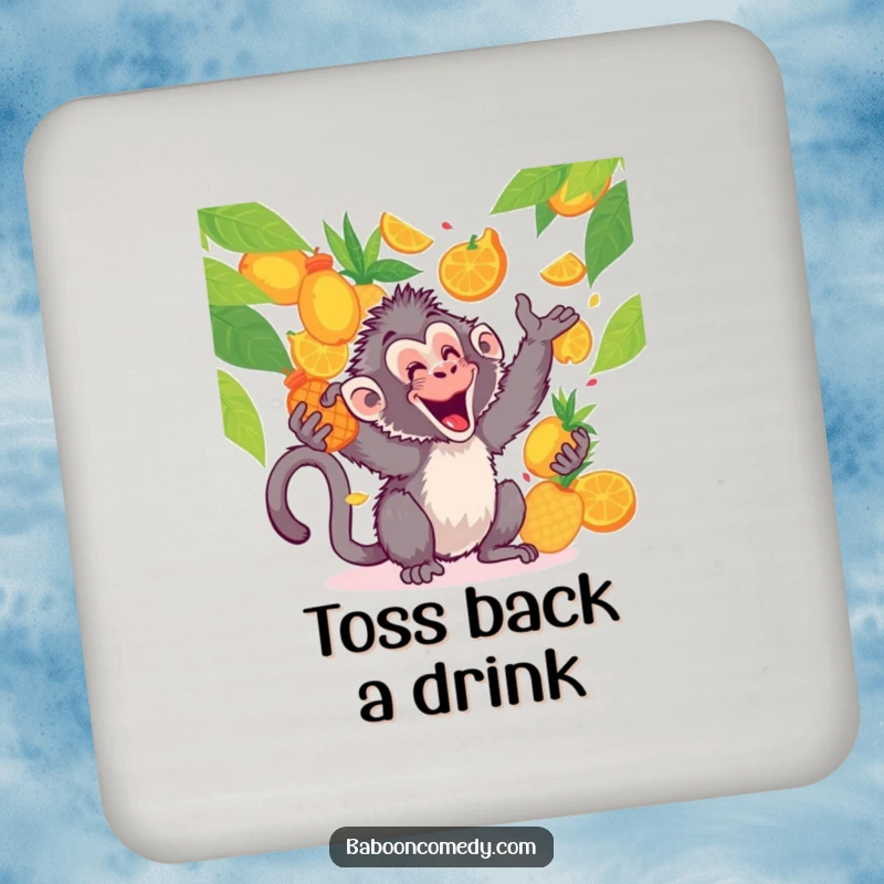 Funny kawaii baboon drink coaster, protecting surfaces while juggling colorful fruits, a functional and funny item.