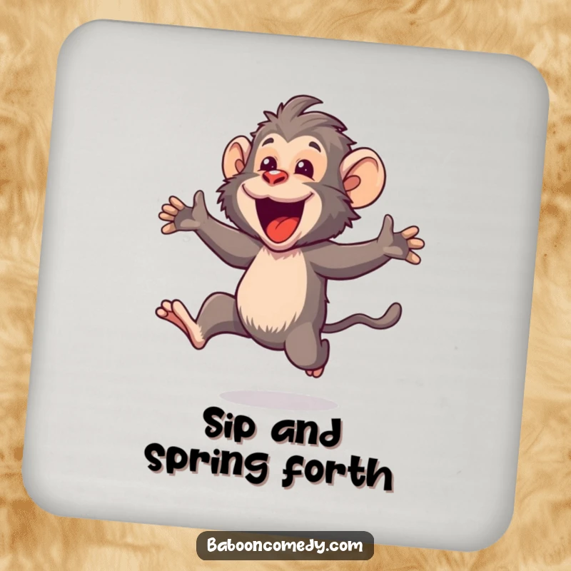 Funny Kawaii baboon drink coaster, depicting a cute primate joyfully leaping with an open mouth, adding cheer to any surface.