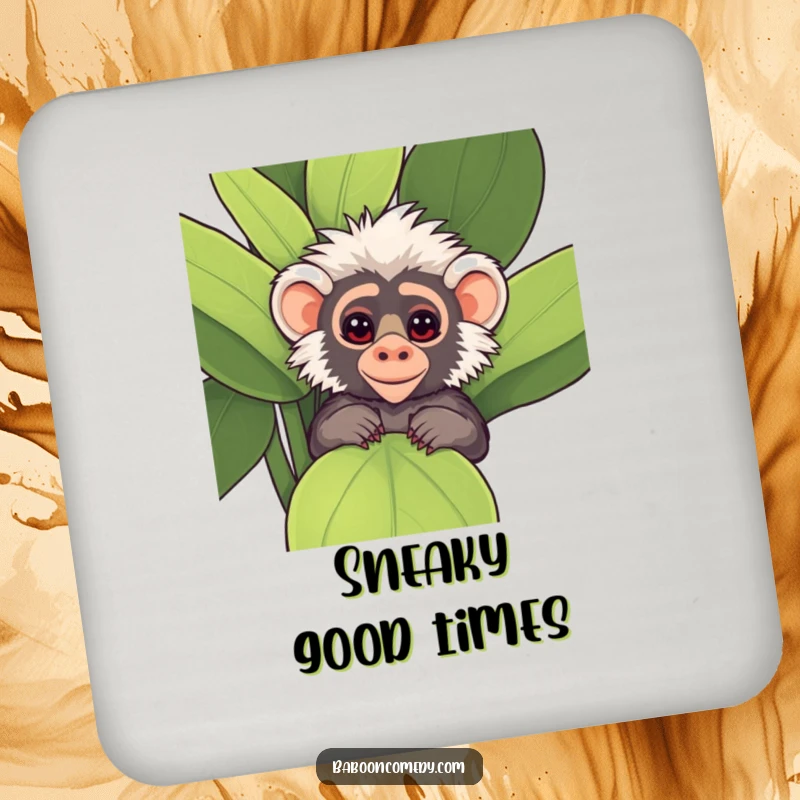 Funny Kawaii Baboon Drink Coaster, peeking playfully from behind a large, leafy plant with mischievous eyes.
